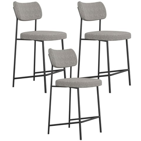 Kit 03 Banquetas Baixa Bar Cozinha Sala de Jantar Preto Elira L02 Linho Cinza Escuro - Lyam Decor