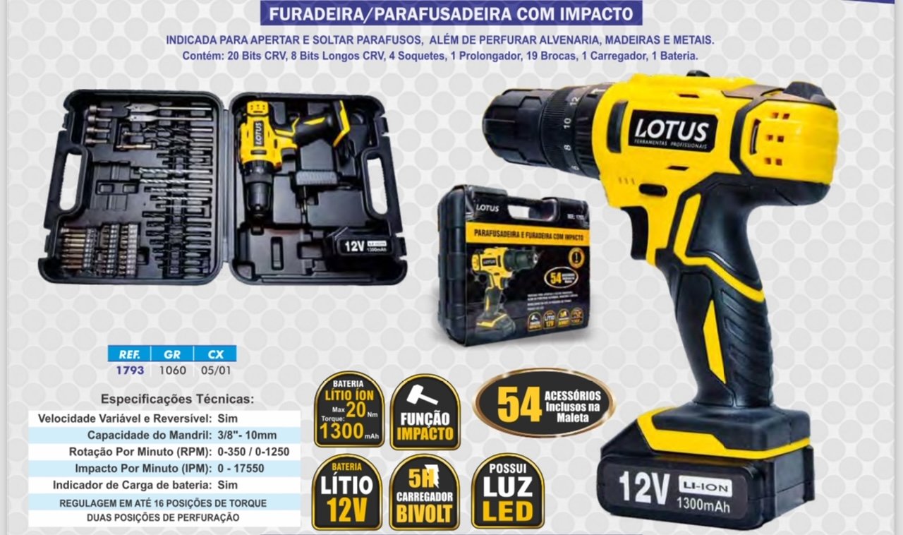 Furadeira Parafusadeira Impacto 12v Maleta C/ 54 Peças - 2