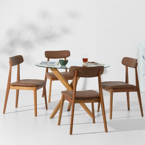 Conjunto Mesa de Jantar Thai Redonda Vidro Incolor - 1,10m + 4 Cadeira Nord Encosto Estofado PU - Co