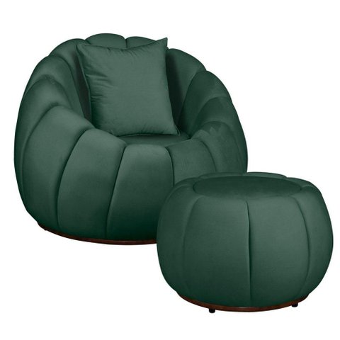 Kit Poltrona Base Giratória C/ Almofada e Puff Concha Veludo Cor Verde