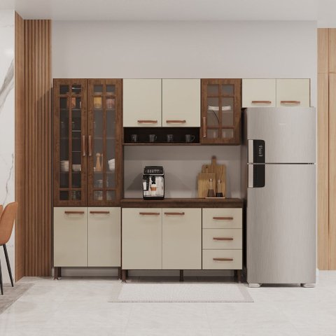 Cozinha Modulada Compacta Fidelitá Lisboa 4 Peças 260cm 11 Portas 3 Gavetas com Tampo