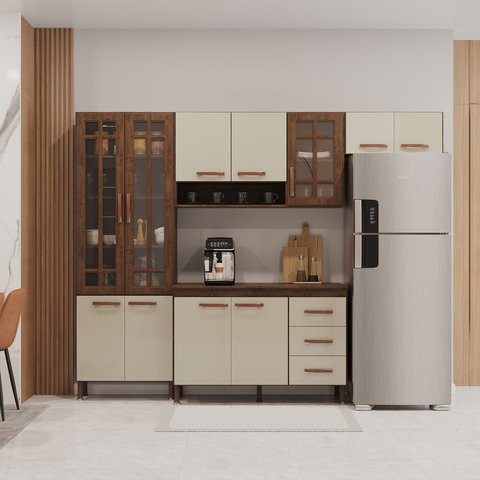 Armário de Cozinha Modulada Compacta Fidelitá Lisboa 4 Peças 260cm 11 Portas 3 Gavetas com Tampo