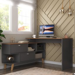 Mesa Escrivaninha em L 120x136cm Retrô 2 Portas Pés Madeira Maciça - 1