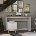 Ver imagem 1 de Mesa Escrivaninha Retrô 2 Gavetas 120cm Pés em Madeira Maciça Branco e Nogal