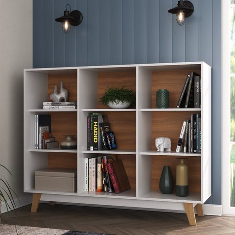 Estante de Livros 135CMX108CM Pés em Madeira Maciça Baixa 9 Nichos Amelia Branco/Nogal