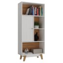 Ver imagem 3 de Estante de Livros 68CMX153CM Pés em Madeira Maciça 1 Porta 3 Prateleiras Pequim Branco/Nogal