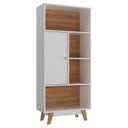 Ver imagem 2 de Estante de Livros 68CMX153CM Pés em Madeira Maciça 1 Porta 3 Prateleiras Pequim Branco/Nogal
