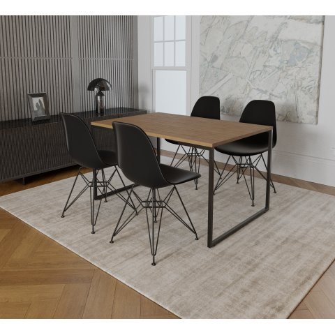 Mesa Industrial Base Ferro Preto Tampo 137x90 Amendoa 4 Cadeiras Eames Ferro Preto Assento Preto