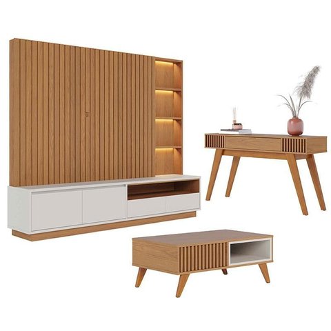 Estante Home Theater Cancún Freijó Off White Matte com Mesa de Centro Jeri Freijó Off White e Aparad