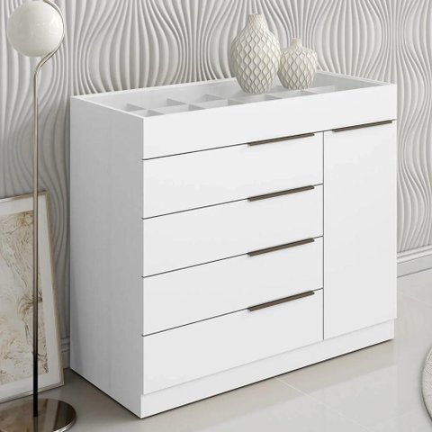 Cômoda Amel Quarto Solteiro 5 Gavetas 111cm MDP Puxador Plástico Branco Mpozenato