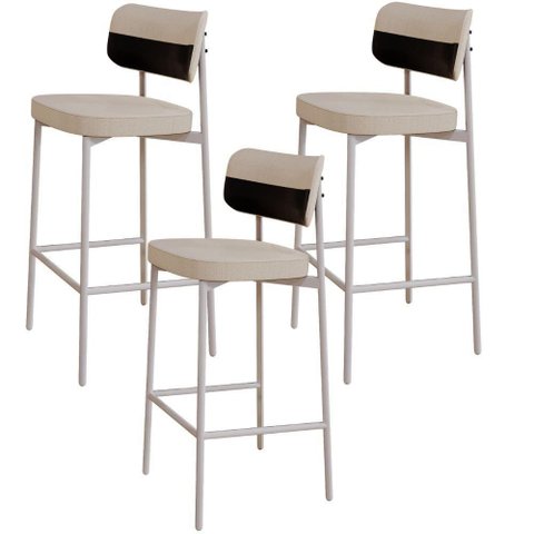 Kit 03 Banquetas Alta Bar Cozinha Sala de Jantar Aço Branco Kaira C01 Linho Areia Courino Preto -
