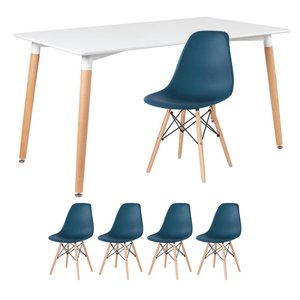 KIT - Mesa de jantar retangular Eames 80 x 140 cm branco + 4 cadeiras Eiffel DSW Azul petróleo