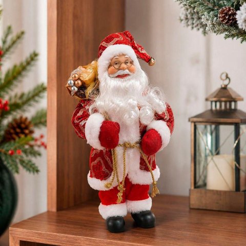 Boneco Papai Noel Tradicional Decoração com Saco 30cm Vermelho