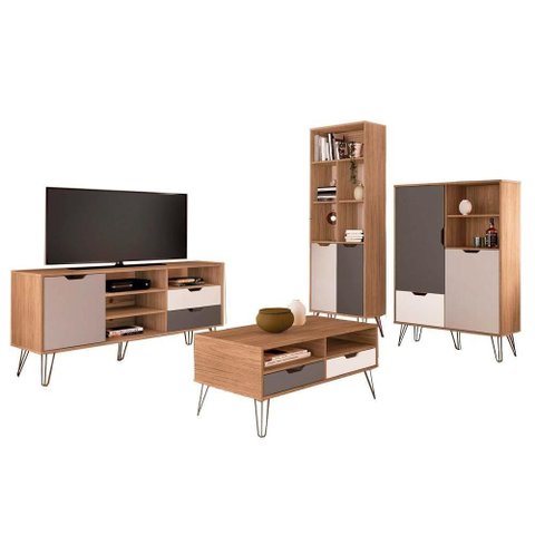 Conjunto para Sala Rack Tv 60 Pol Carvalho Branco Grafite Prata Arly