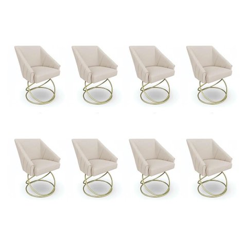 Kit 8 Poltronas Luxo Alana Linho Bege Base Luxo Dourado - Pallazio