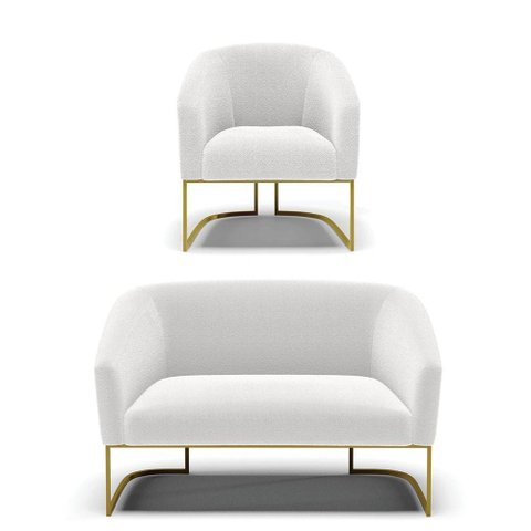 Sofá Namoradeira e Poltrona Base Industrial Dourado Stella Bouclê D03 - D'Rossi Cor Off White