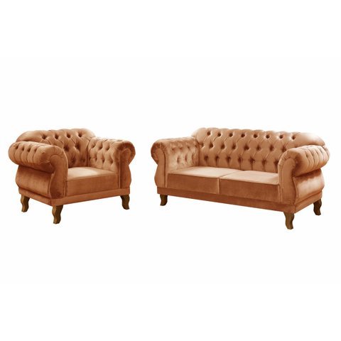 Conjunto Duquesa Chesterfield Sofá 2 Lugares + 1 Poltrona Vintage - Veludo Terracota