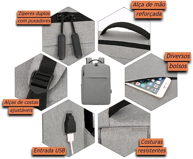 Mochila Executiva Cinza Impermeável Notebook 15.6 Cinza - 3