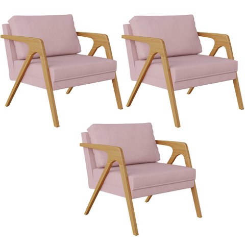 Kit 3 Poltronas Decorativas para Sala Estar Pietra Estrutura de Madeira L02 Suede Rosê - Lyam