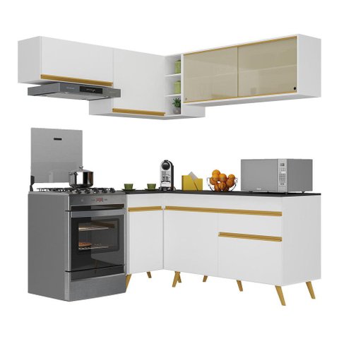 Armário de Cozinha Completa de Canto Veneza Multimóveis V2059 Branco/dourado