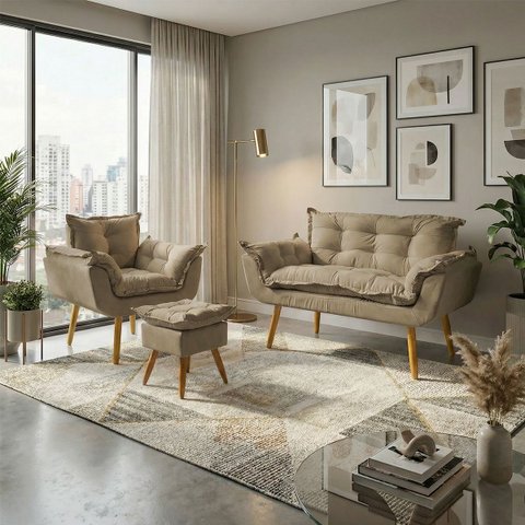 Kit Namoradeira Poltrona e Puff Decorativo para Sala Recepção Manicure Consultório Alice Suede