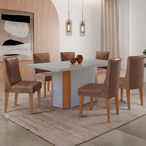 Mesa de Jantar Isadora 180cm Tampo Mdf Vidro Canto Copo com 6 Cadeiras Isadora Moderna Mobília