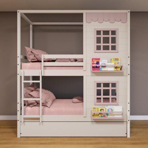 Treliche Casinha Reta 2 Janelas Madeira Branco/rosa
