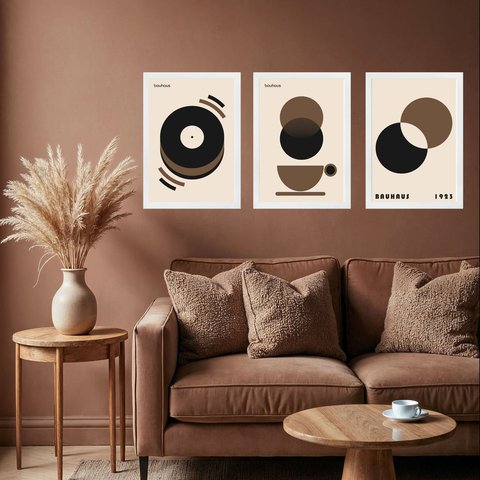 Kit 3 Quadros Artes Bauhaus Preto e Marrom Café 45x34cm - com Vidro:moldura Preta