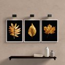 Ver imagem 2 de Kit 3 Quadros para Sala Folhas Douradas 24x18cm - com Vidro:madeira Preta