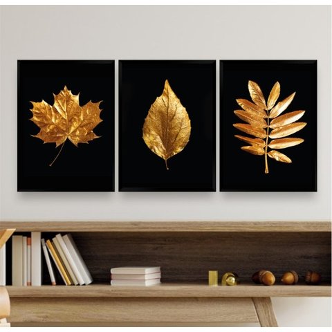 Kit 3 Quadros para Sala Folhas Douradas 24x18cm - com Vidro:madeira Preta