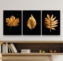 Ver imagem 1 de Kit 3 Quadros para Sala Folhas Douradas 24x18cm - com Vidro:madeira Preta