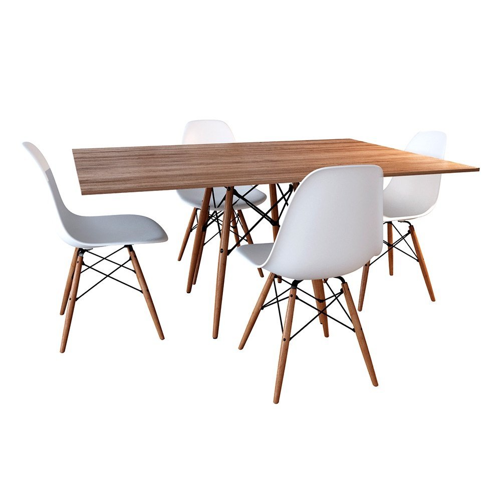 Conjunto De Mesa Eames Eiffel Retangular 120x75 Tampo De Madeira Amêndoa Com 4 Cadeiras Brancas - 2