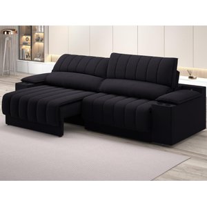 Sofá com Porta Copos Carregador USB Ret Rec Murano 2,30m Velosuede Preto - NETSOFAS