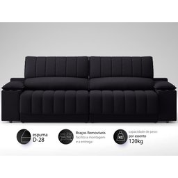 Sofá com Porta Copos Carregador USB Ret Rec Murano 2,30m Velosuede Preto - NETSOFAS - 3