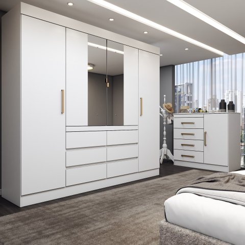 Guarda-roupa Casal Honey 5 Portas 10 Gavetas com Espelho Branco - Panorama Móveis