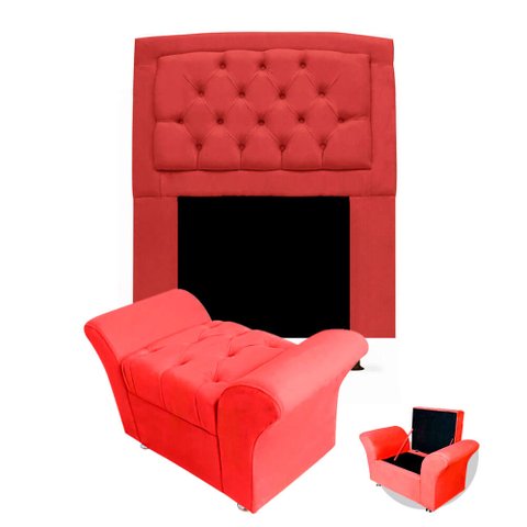 Kit Cabeceira Geovana + Calçadeira Baú Veneza Solteiro 100cm Suede - Renascer Decor:Vermelho