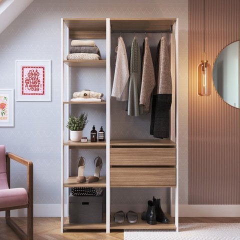 Guarda Roupa Closet 2 Peças com 1 Cabideiros 2 Gavetas e 6 Nichos Easy Bege/Branco/Montana