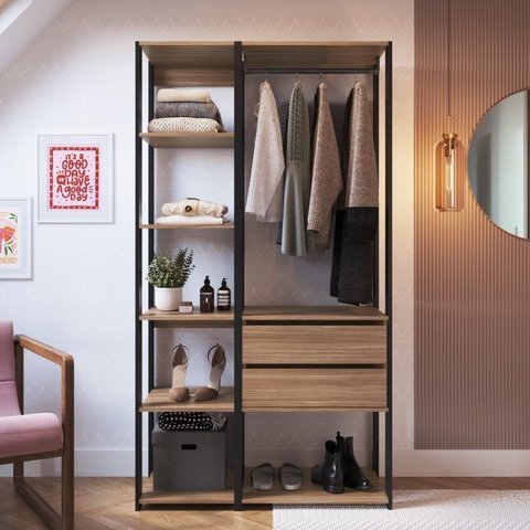 Guarda Roupa Closet 2 Peças com 1 Cabideiros 2 Gavetas e 6 Nichos Easy Bege/Preto/Montana