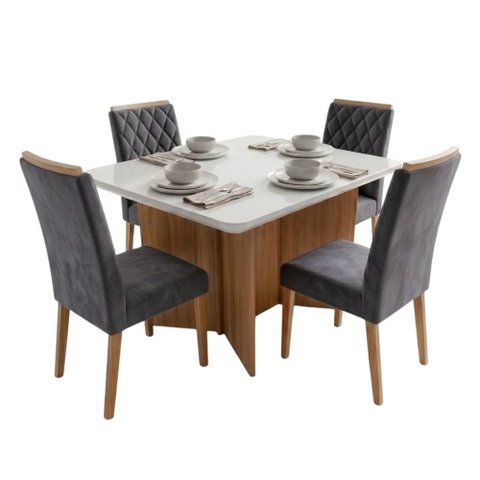 Conjunto Sala de Jantar Mesa 1,20m com Vidro Montreal 4 Cadeiras Bele