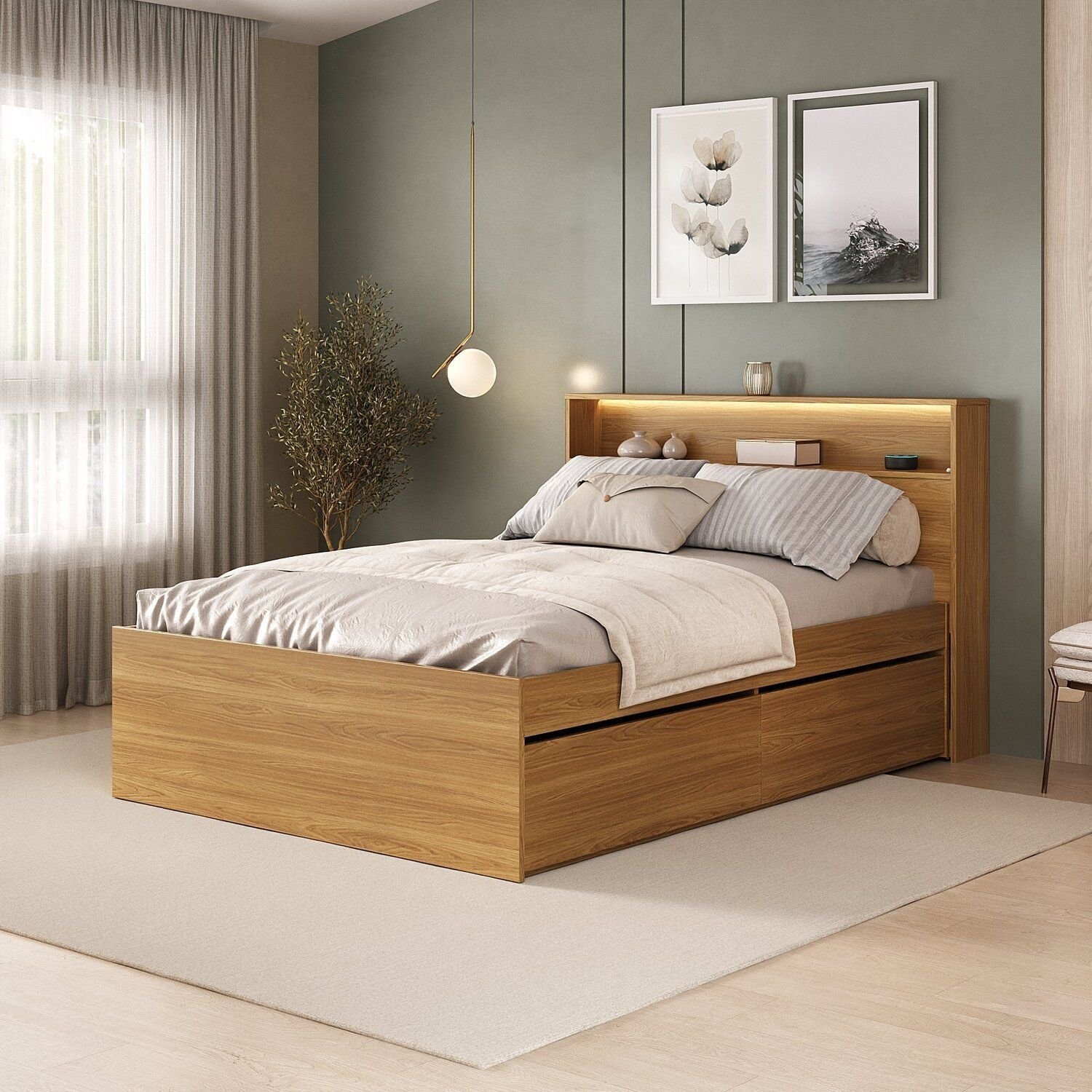 Cama de Casal 4 Gavetas e Cabeceira Nicho com LED MDF Aurora