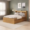 Ver imagem 1 de Cama de Casal 4 Gavetas e Cabeceira Nicho com LED MDF Aurora Yescasa Marrom/Carvalho Hanover
