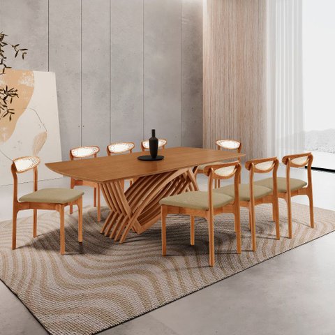 Sala de Jantar Mesa Vênus 240cm Tampo Laminado Canto Barril e 8 Cad Noronha Premium