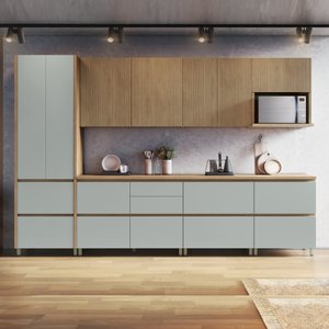 Cozinha Modulada 7 Peças Com 3 Armários Aéreos Ripado 3 Balcões 1 Paneleiro  100% Mdf Rainha