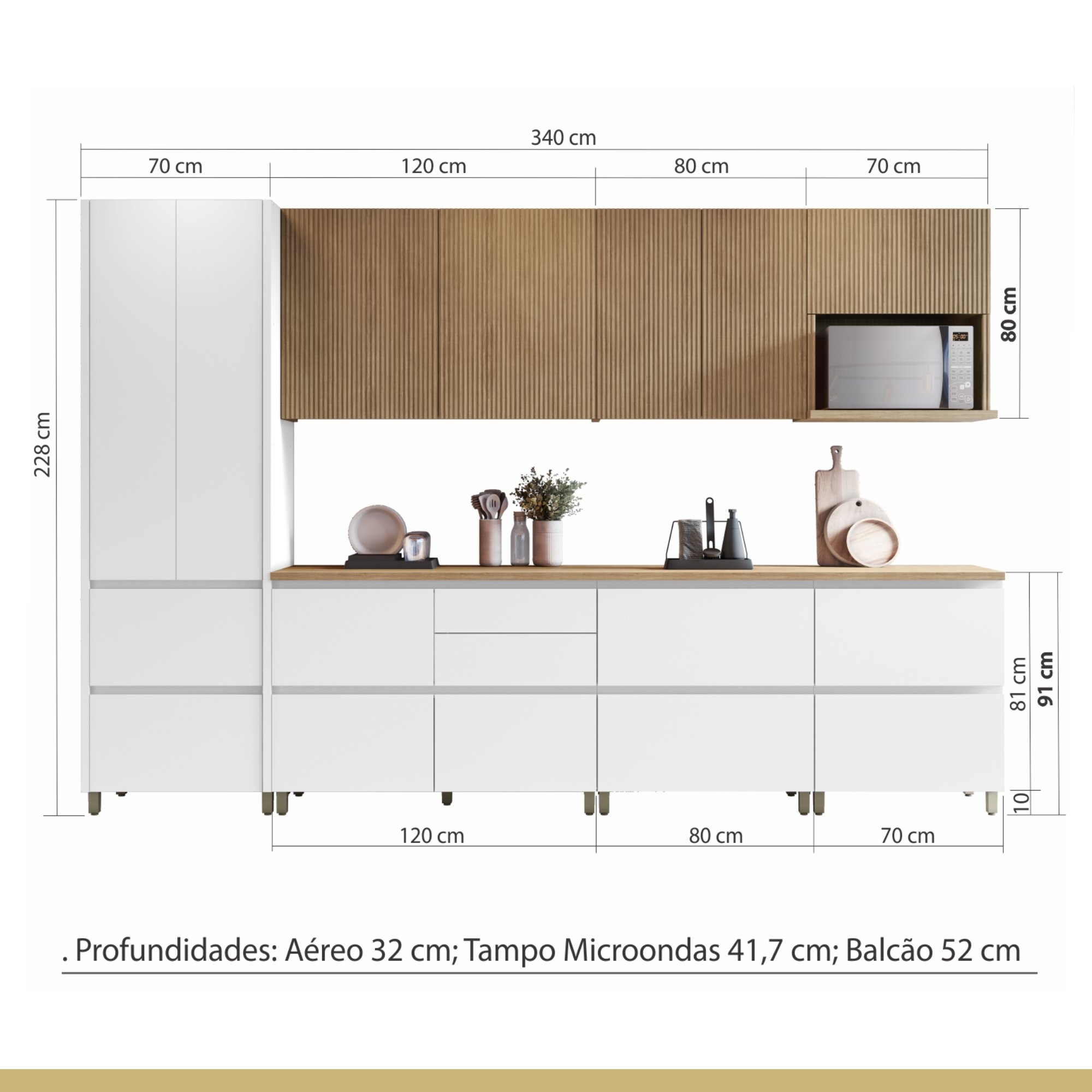 Cozinha Modulada 7 Peças com 3 Armários Aéreos Ripado 3 Balcões 1 Paneleiro Nesher 100% MDF Rainha - 19