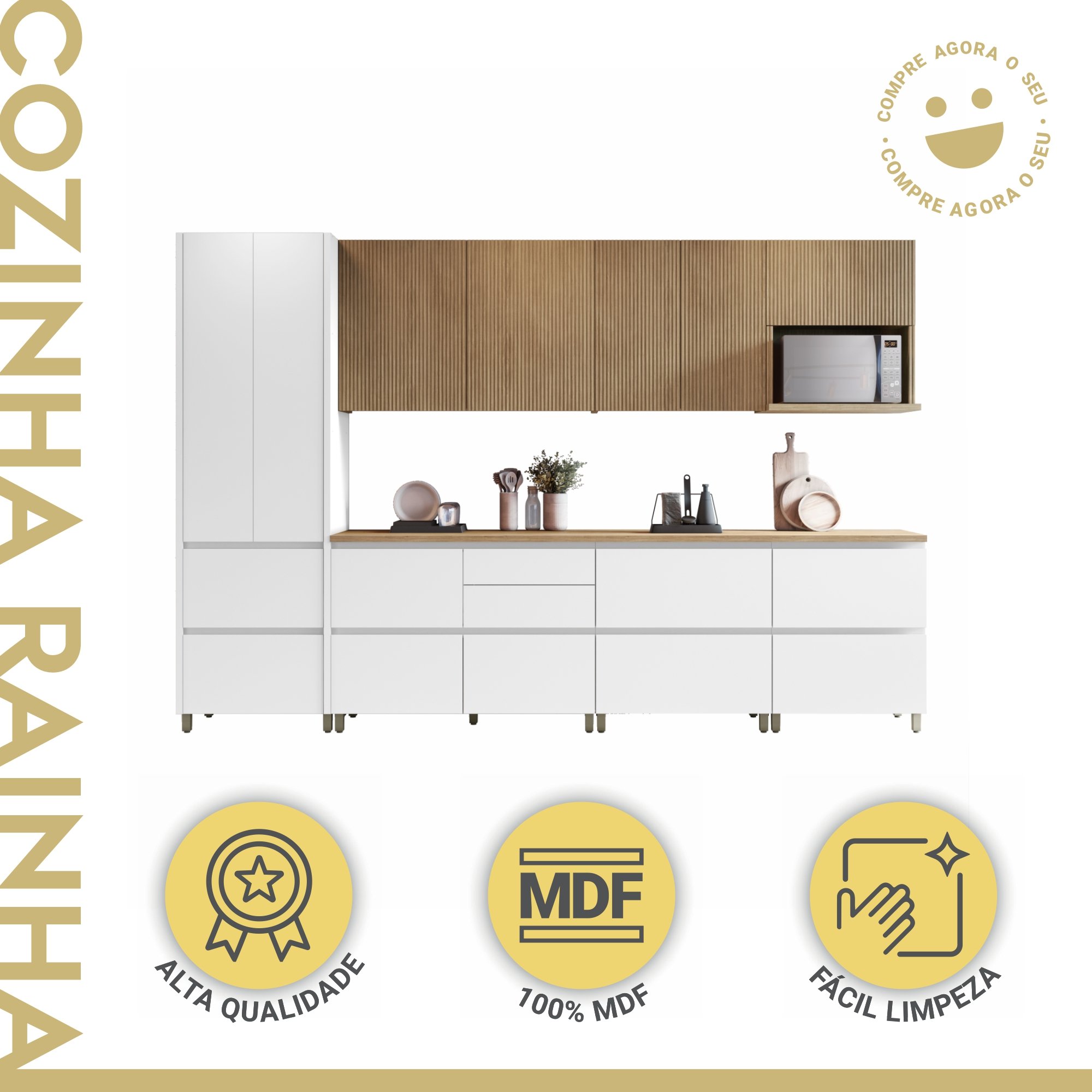 Cozinha Modulada 7 Peças Com 3 Armários Aéreos Ripado 3 Balcões 1 Paneleiro  100% Mdf Rainha - 2