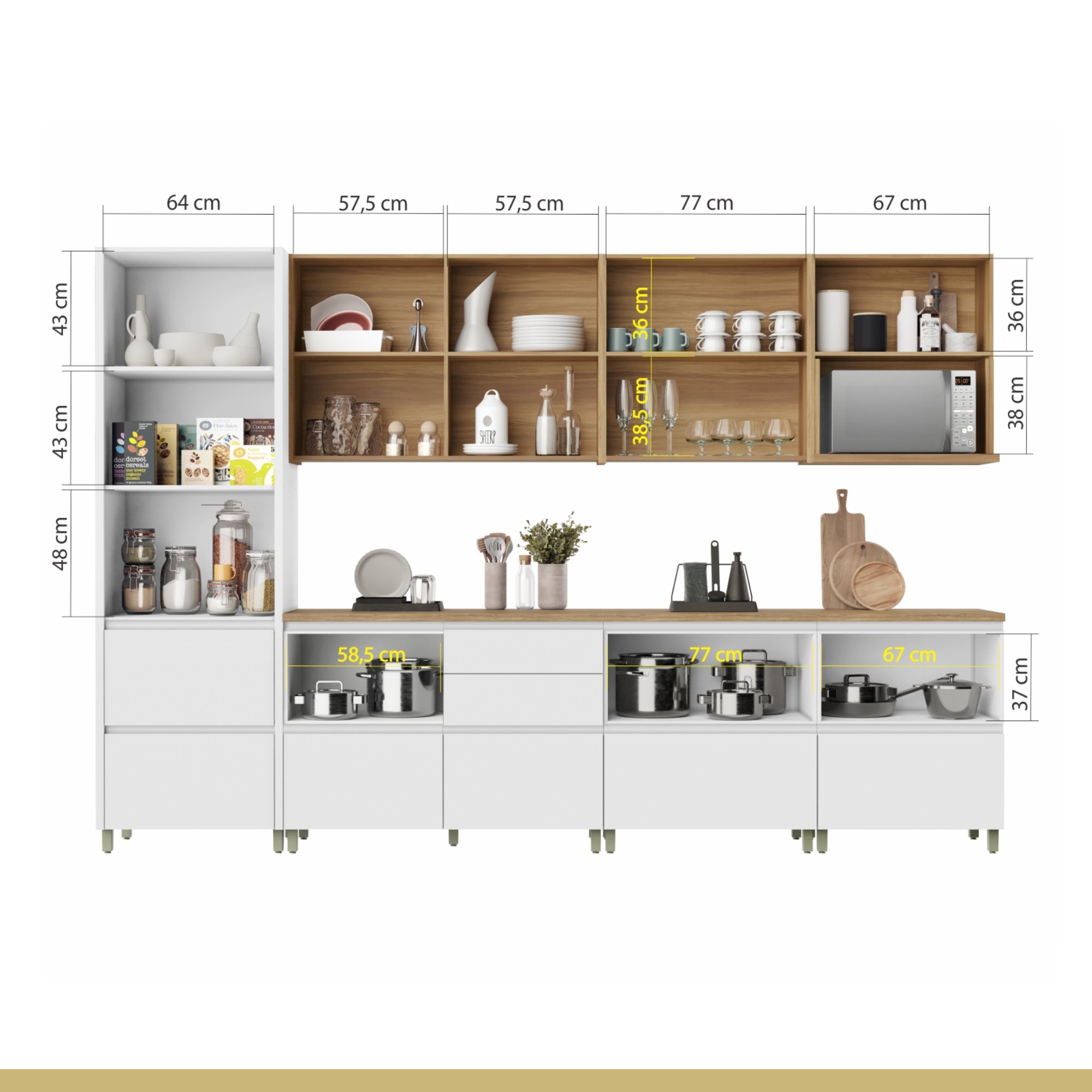 Cozinha Modulada 7 Peças Com 3 Armários Aéreos Ripado 3 Balcões 1 Paneleiro  100% Mdf Rainha - 18