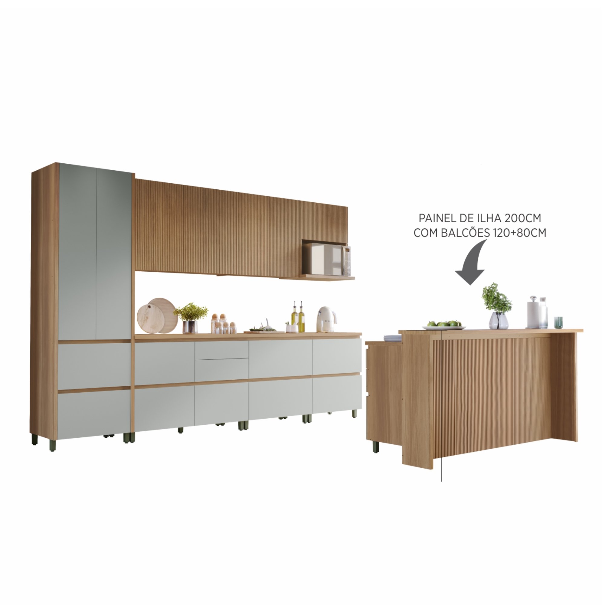 Cozinha Modulada 10 Peças Com 3 Balcões 5 Armários Aéreos Ripado 1 Paneleiro 1 Painel De Ilha  100% Mdf Rainha Gourmet - 20