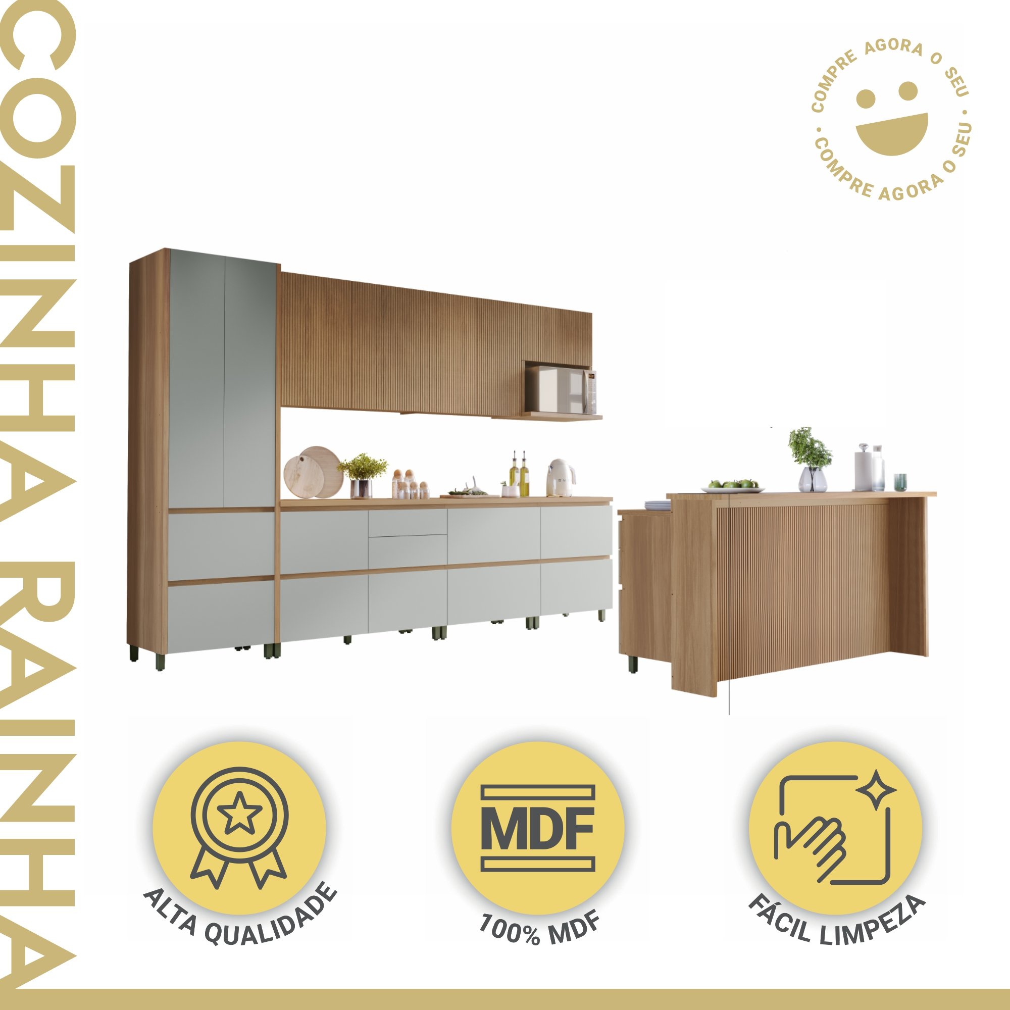 Cozinha Modulada 10 Peças Com 3 Balcões 5 Armários Aéreos Ripado 1 Paneleiro 1 Painel De Ilha  100% Mdf Rainha Gourmet - 2