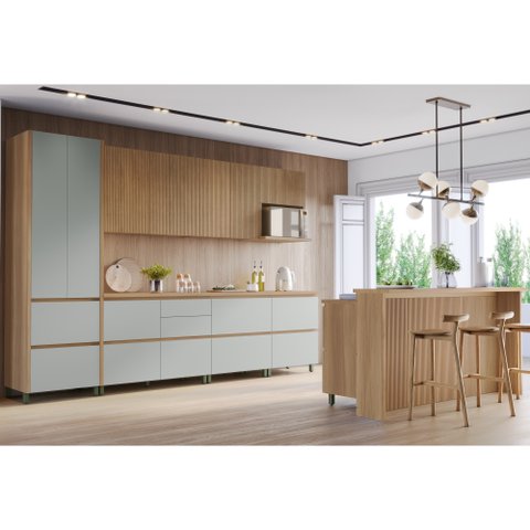 Cozinha Modulada 10 Peças com 3 Balcões 5 Armários Aéreos Ripado 1 Paneleiro 1 Painel de Ilha 100% MDF Rainha Gourmet Marrom/Nature/Verde