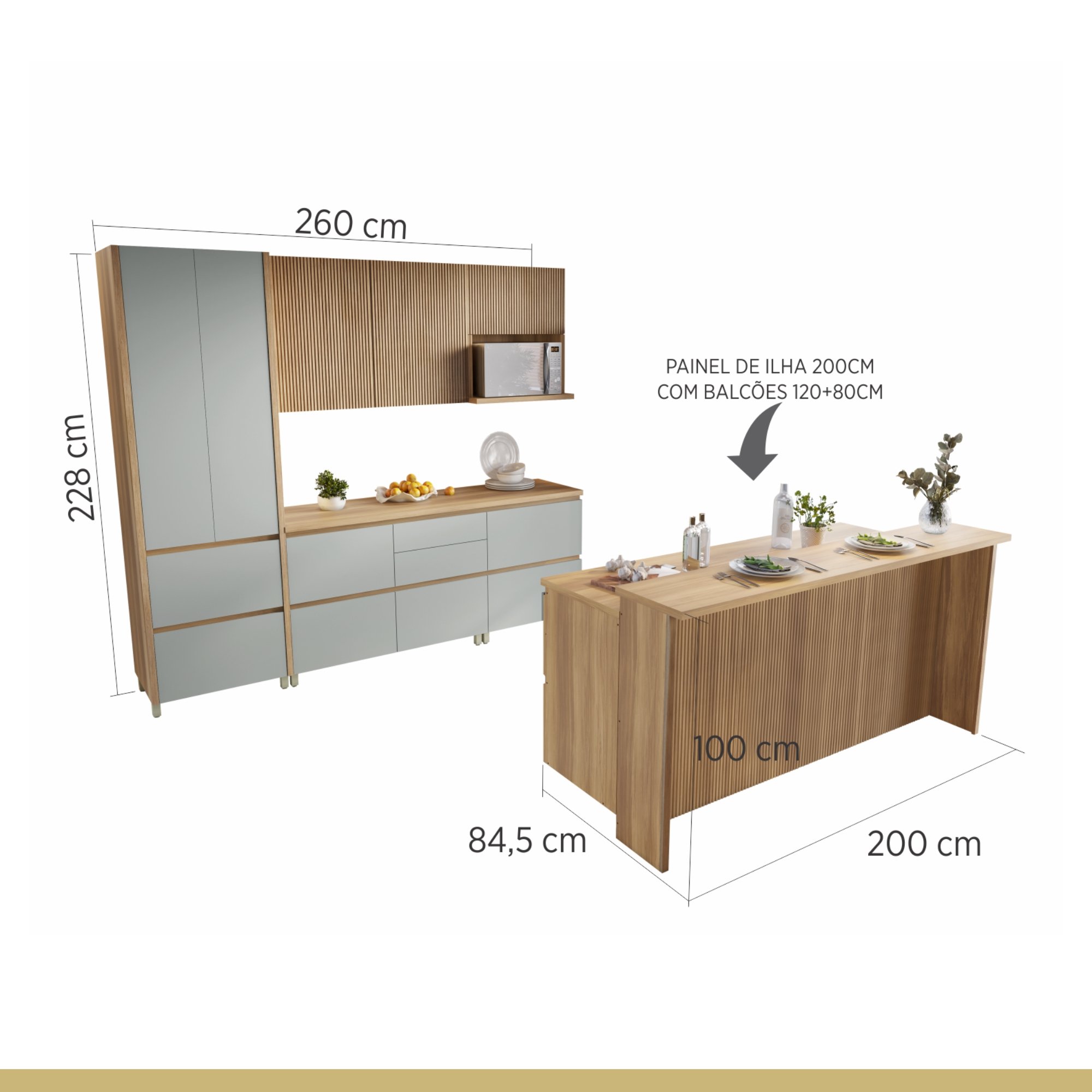 Cozinha Modulada 8 Peças Com 2 Armários Aéreos Ripado 4 Balcões 1 Paneleiro 1 Painel De Ilha  100% Mdf Rainha Gourmet - 19